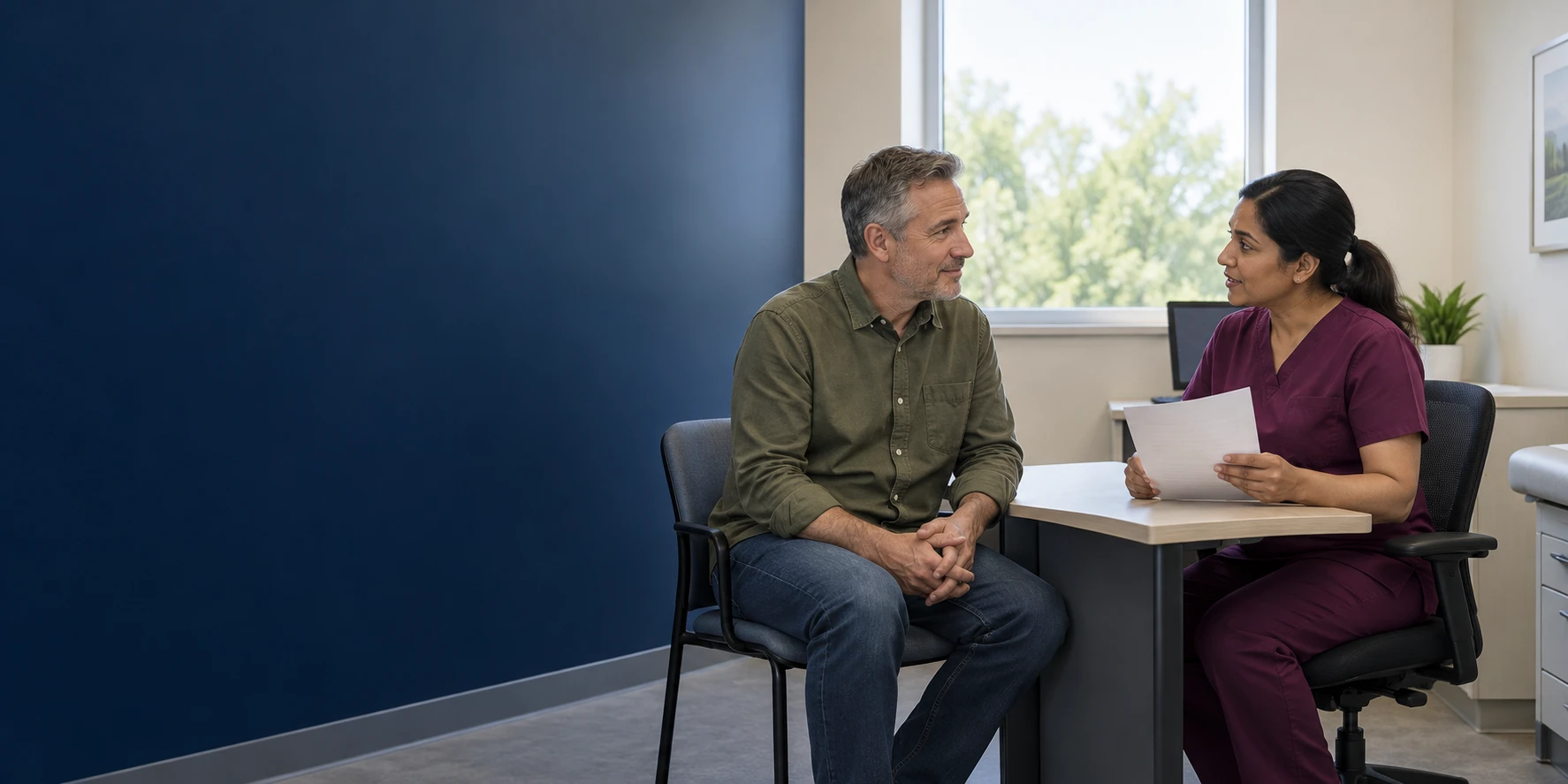 An adult patient and a clinician discussing a preparation sheet at a consultation desk.