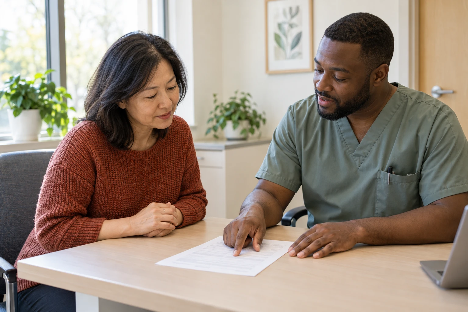 A woman in a rust sweater and a clinician in sage scrubs reviewing a preparation sheet at a clinic desk.