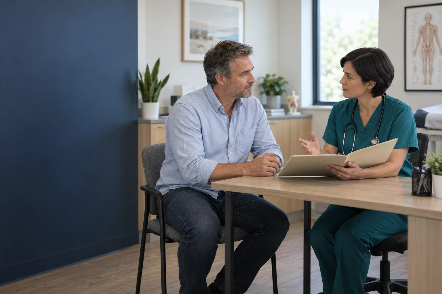 Illustrative adult patient and clinician reviewing paperwork at a consultation desk.