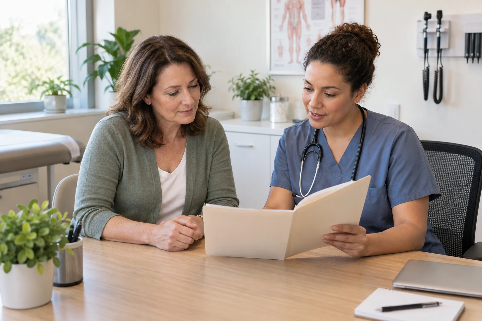 An adult woman in a sage cardigan and a clinician in blue scrubs reviewing a folder at a consultation desk.