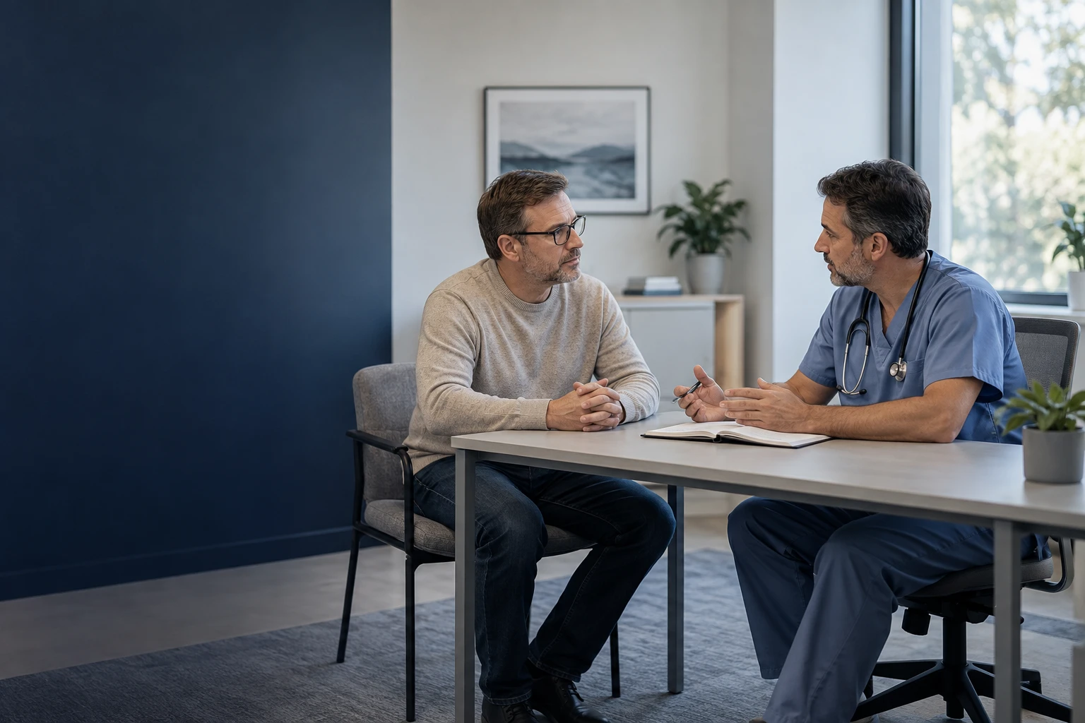 Illustrative adult male patient and clinician discussing symptoms across a consultation desk
