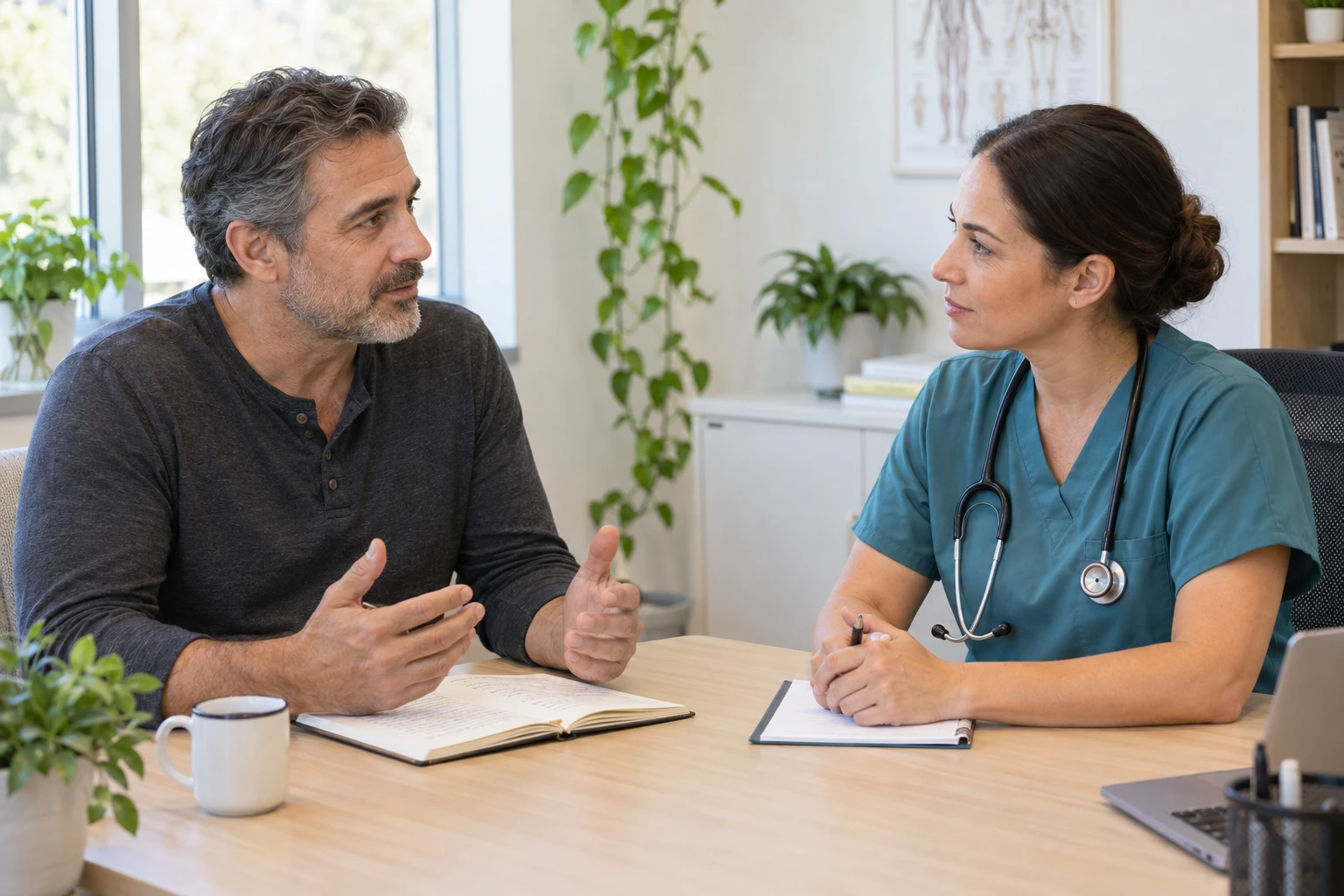 Illustrative male patient in a charcoal shirt sharing notes with a clinician in teal scrubs