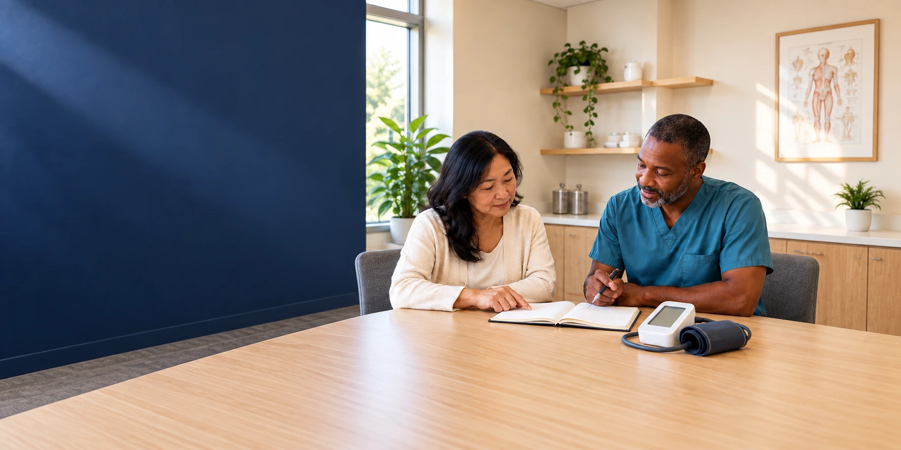 An adult patient and clinician reviewing a notebook beside an inactive blood pressure monitor and cuff.