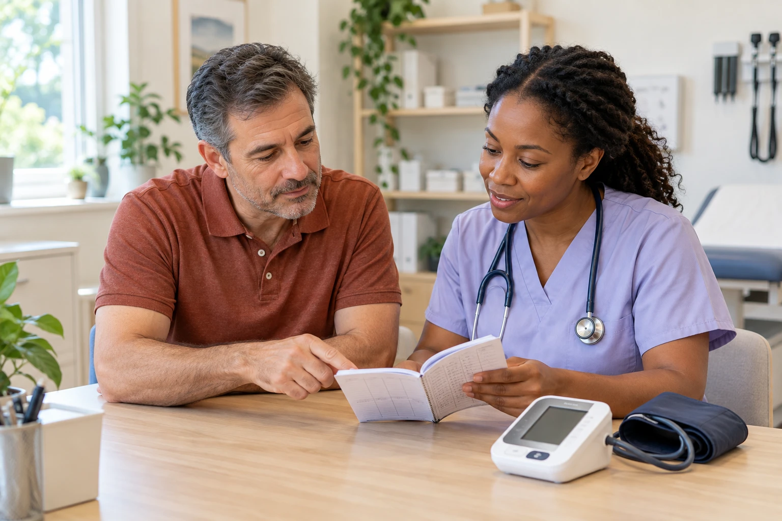 A man in a rust polo and a clinician in lavender scrubs reviewing a notebook beside a blood pressure monitor and cuff.