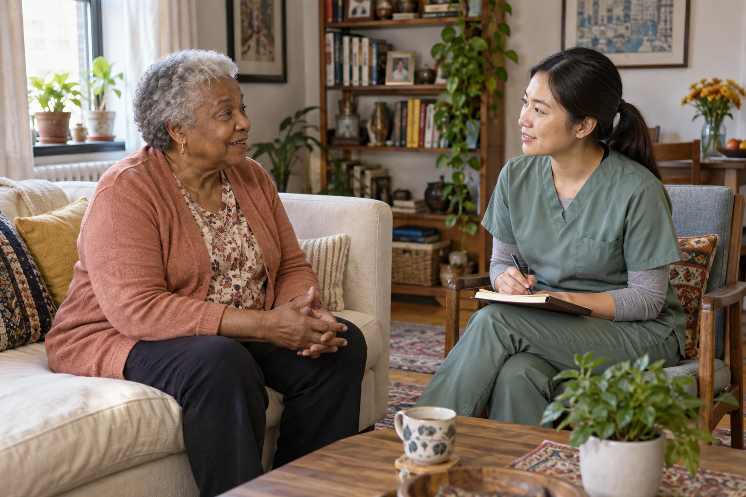 An older woman in a terracotta cardigan talking with a clinician who holds a notebook during an illustrative home visit.