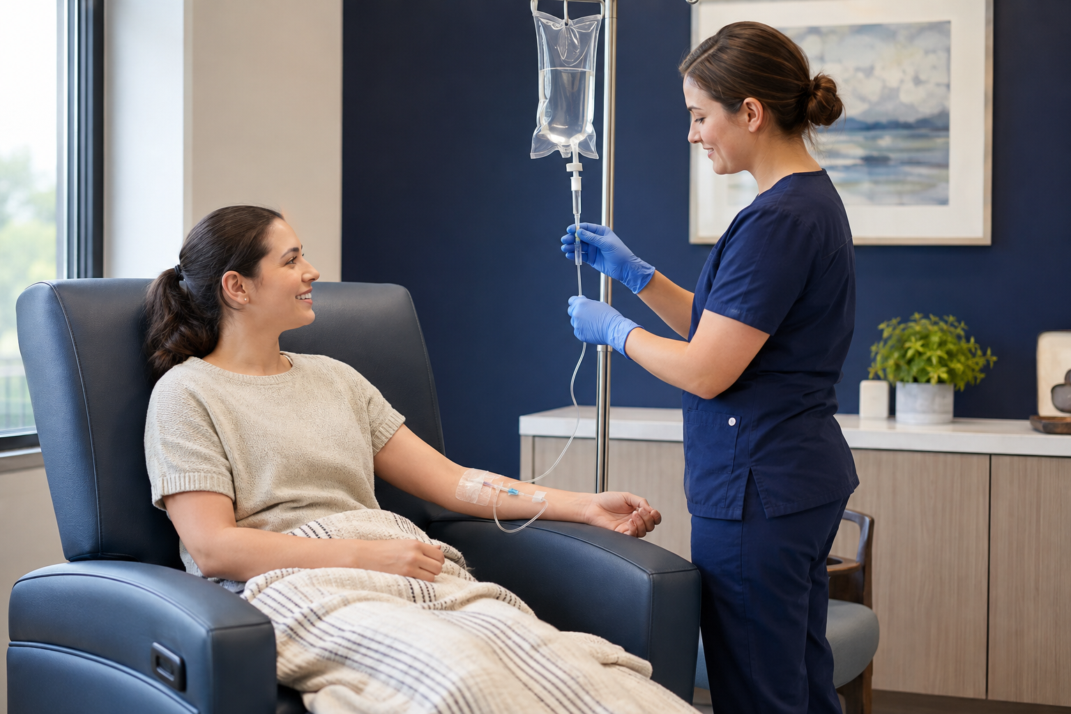 Clinician monitoring an adult patient during an outpatient IV infusion