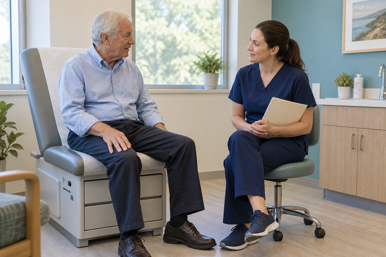 Illustrative older adult patient discussing joint care with a seated clinician
