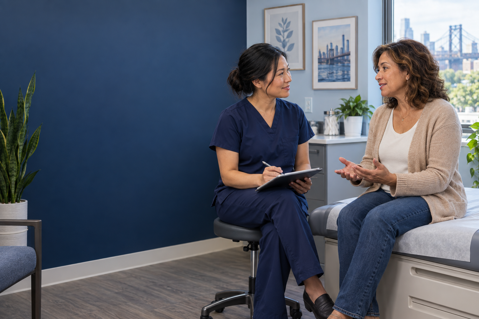 Middle-aged woman discussing menopause symptoms with a nurse practitioner in a modern medical office