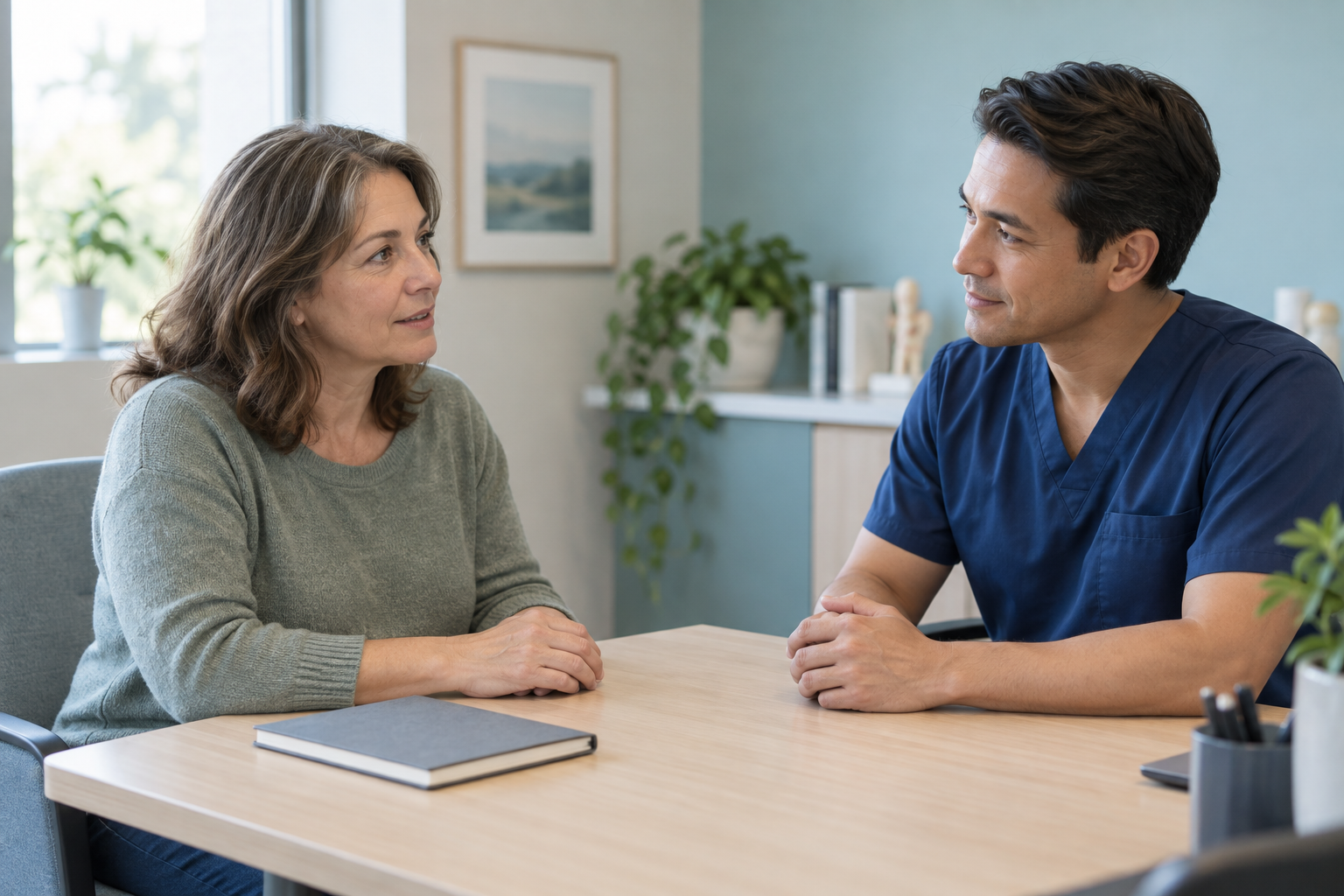 Illustrative clinician and adult patient discussing symptoms across a consultation desk