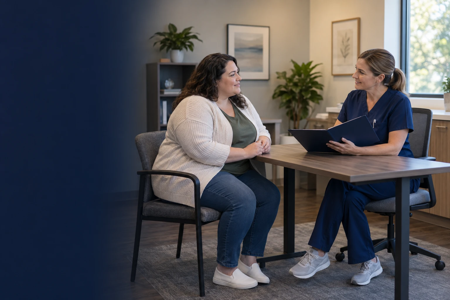 Illustrative adult patient and clinician discussing weight-management goals at a consultation desk