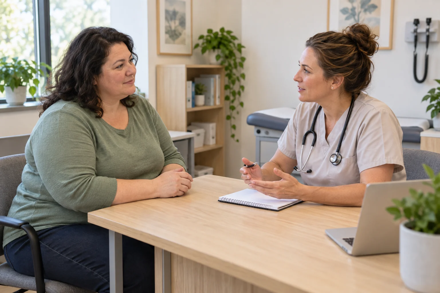 Illustrative patient in a sage shirt and clinician discussing weight-management goals across a consultation desk