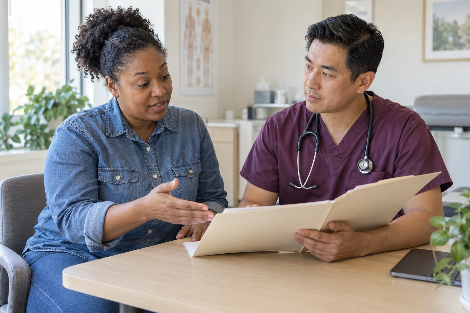 A woman in a denim shirt and a clinician in plum scrubs discussing an open folder at a clinic desk.