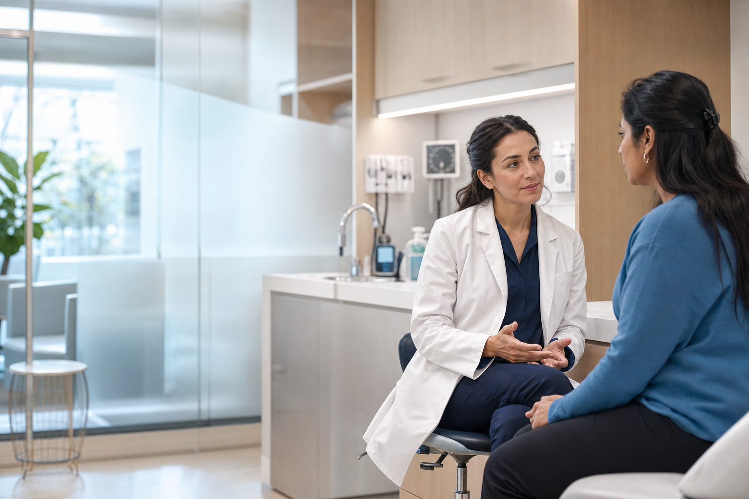 A primary-care clinician listening attentively to a patient