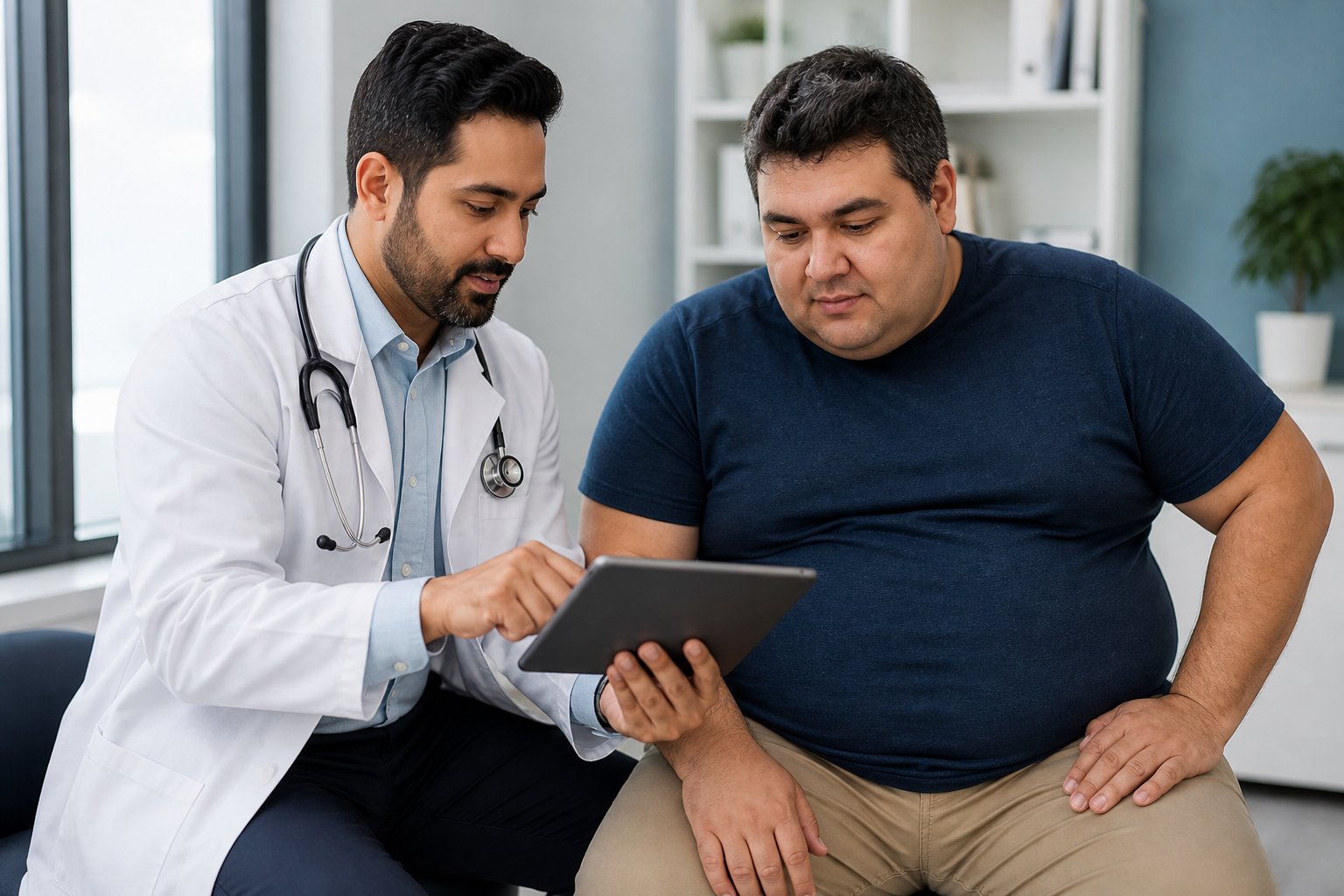 Doctor reviewing a medical weight-management plan with an overweight man