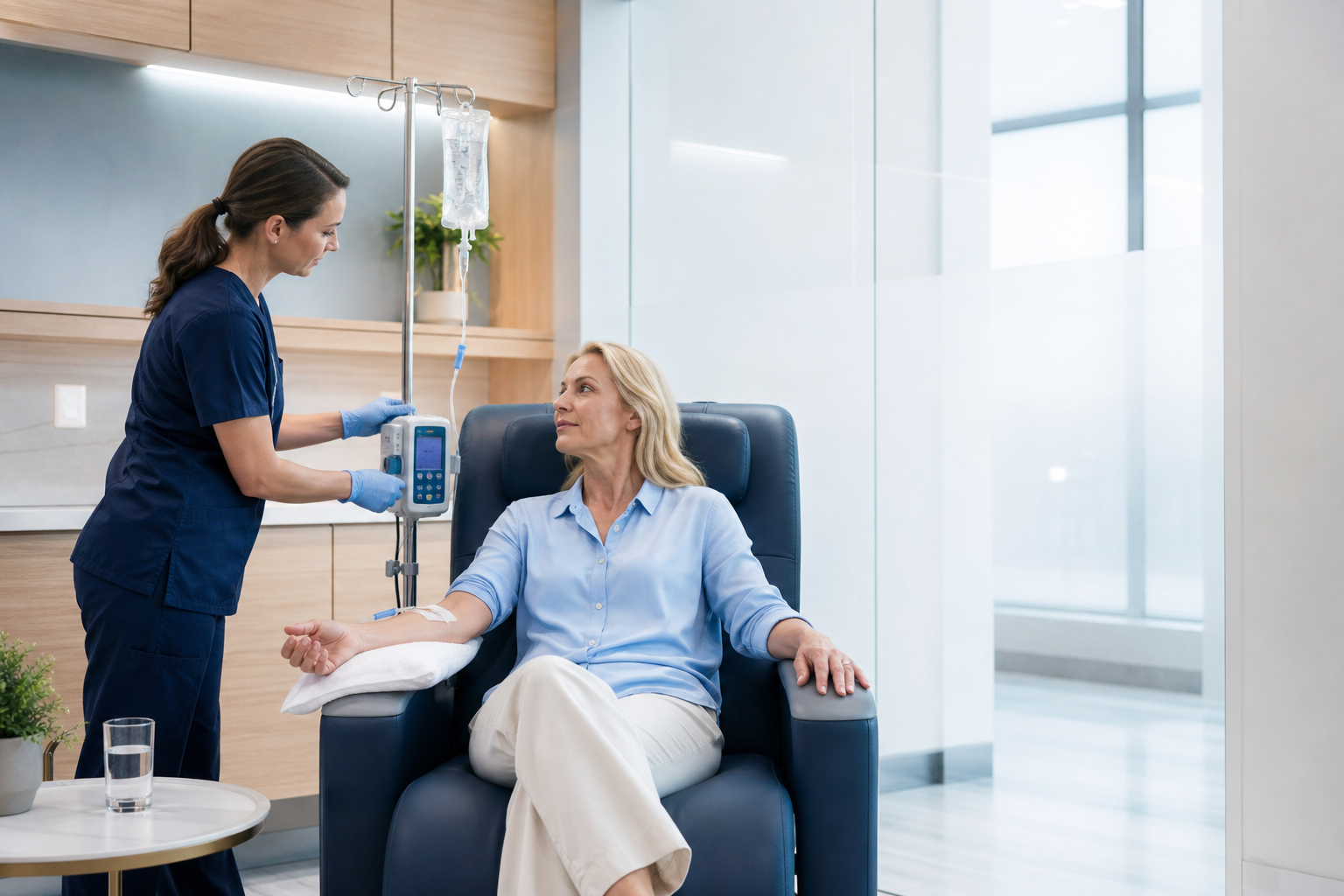 Patient receiving a clinically supervised IV infusion