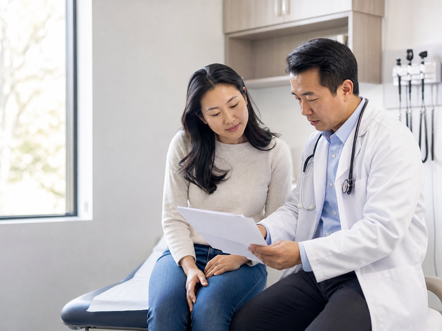 Clinician reviewing pre-surgical clearance documents with a patient