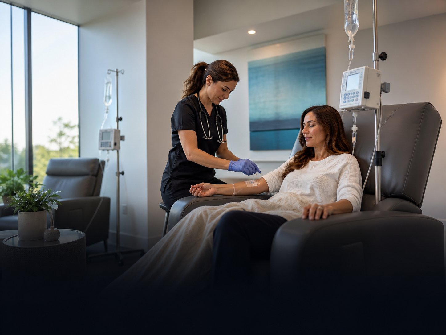 Clinician supervising a patient's IV infusion