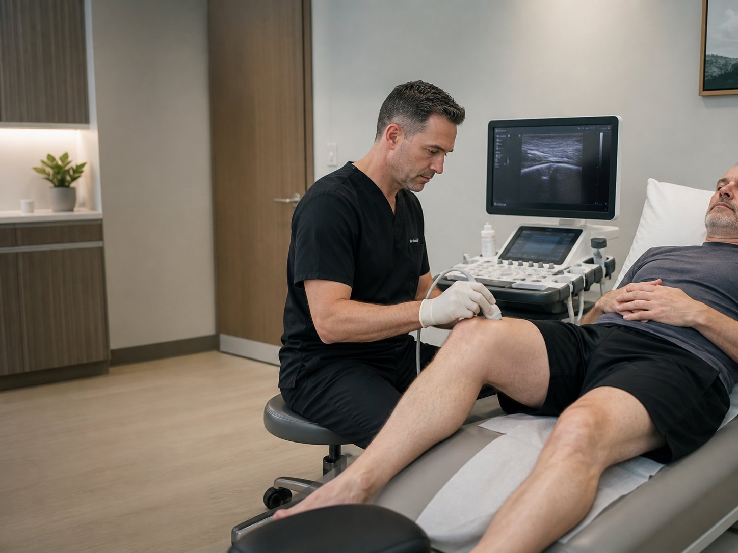 Clinician performing an ultrasound-guided knee evaluation