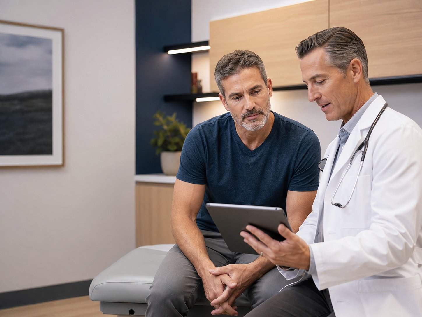 Man reviewing wellness results with a clinician