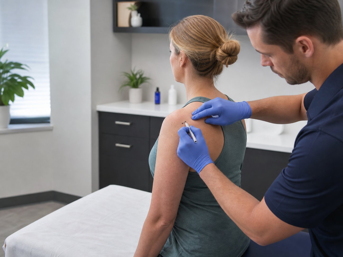 Clinician evaluating a patient's shoulder for trigger point treatment