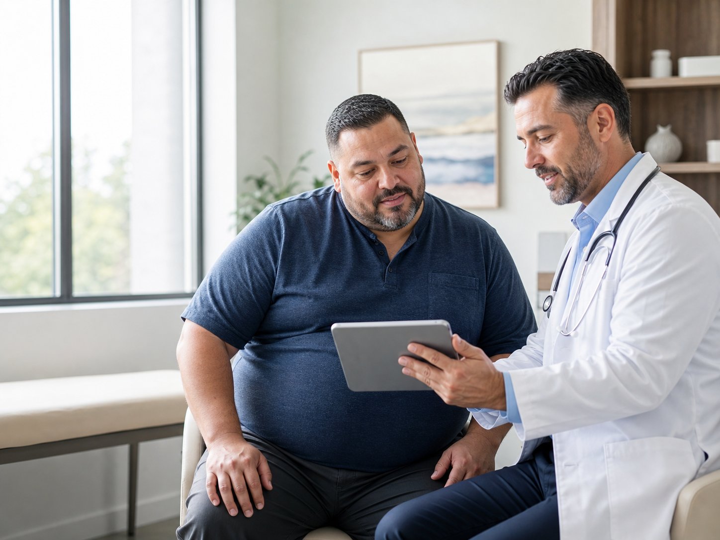Doctor reviewing a medical weight-management plan with an overweight man