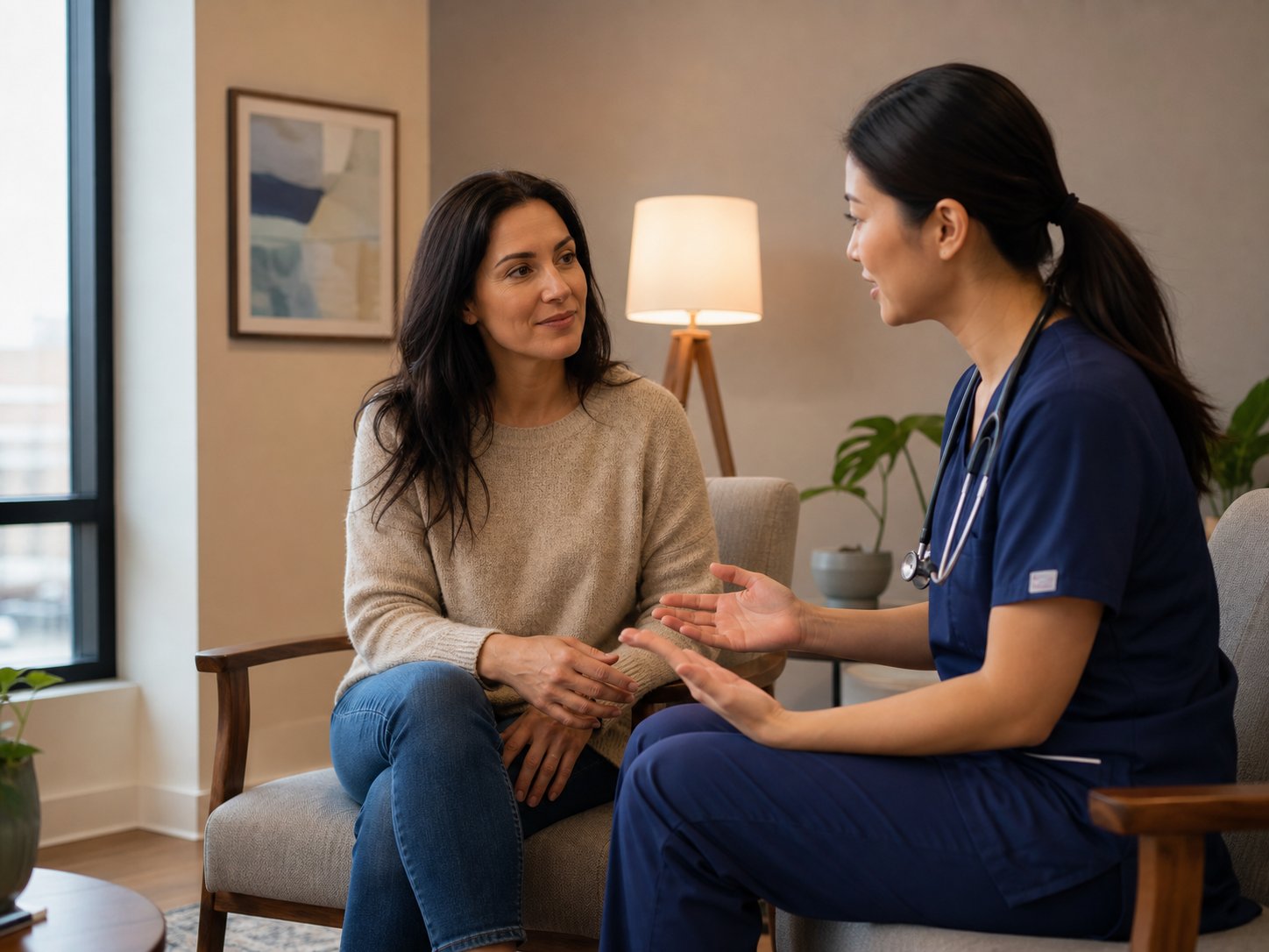 Woman speaking with a nurse practitioner about her health