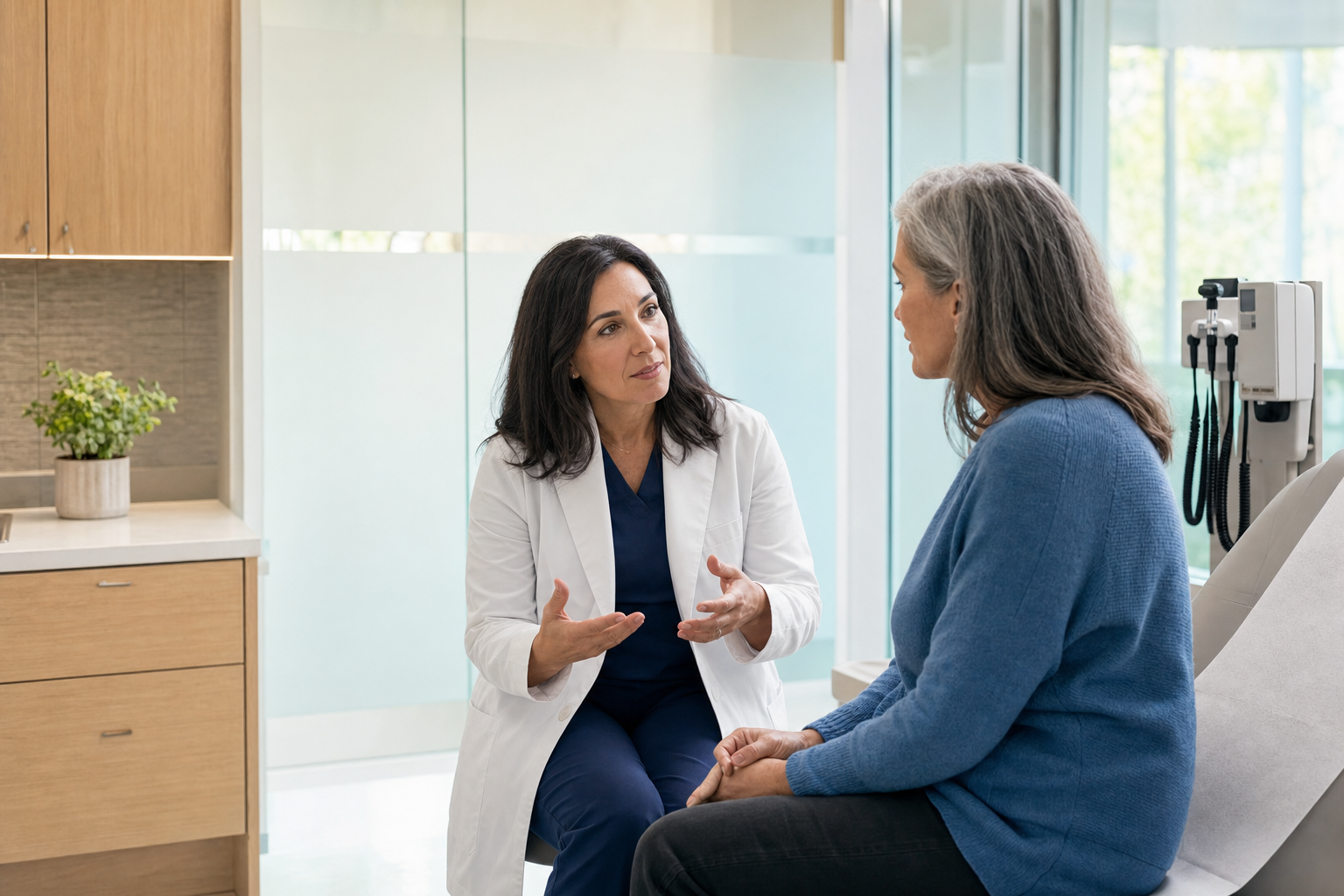 Clinician listening to a patient during a women's health consultation